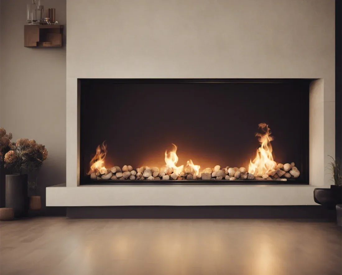 Cheminée encastrée dans un mur clair, flammes basses sur un lit de galets